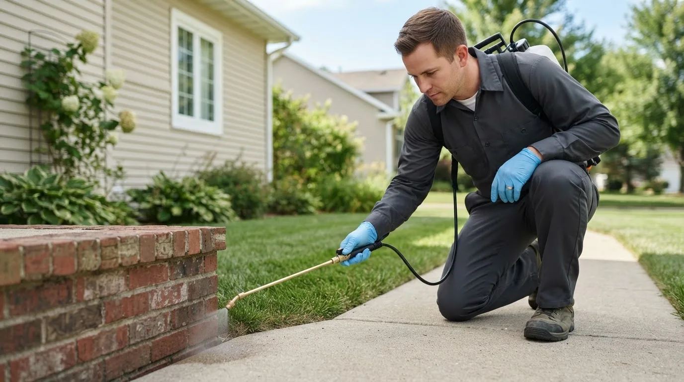 Pest control technician treating a home near Foley, MO