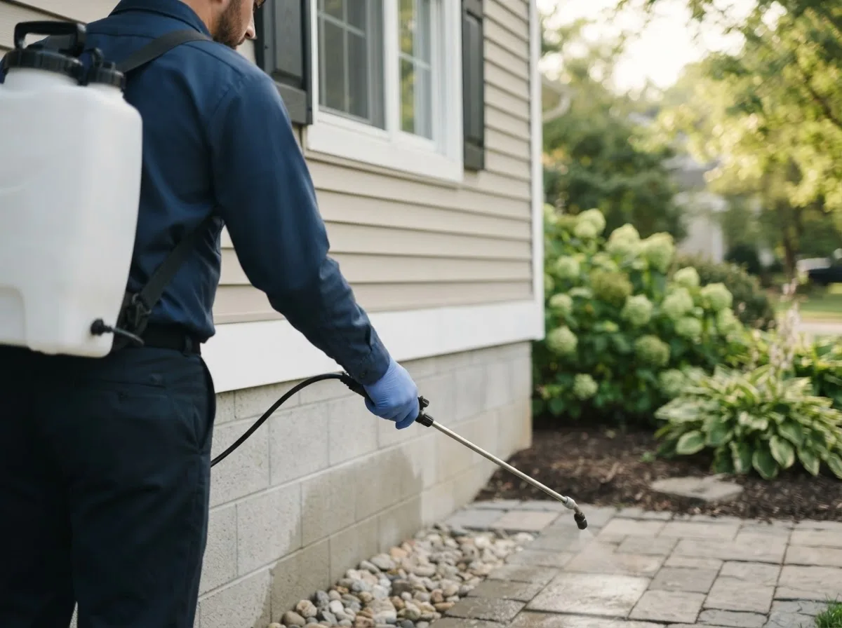 Pest control technician inspecting a home in Foley, MO